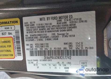 2019 Ford Fusion Hybrid Se из США, поврежденный, VIN 3FA6P0LU2KR217742
